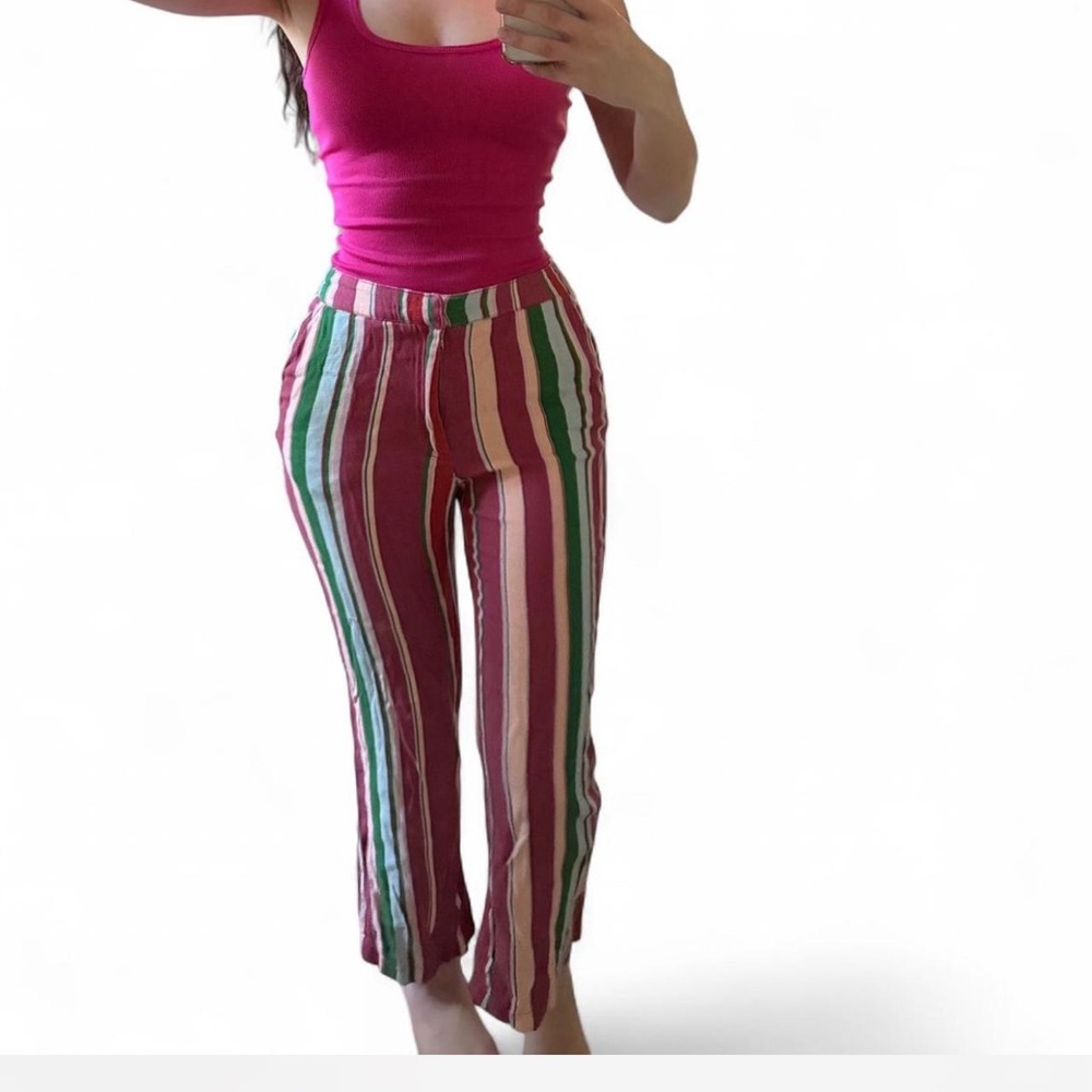 Free People Striped Multicolor Linen Blend Wide-Leg Pants - Pink & Green